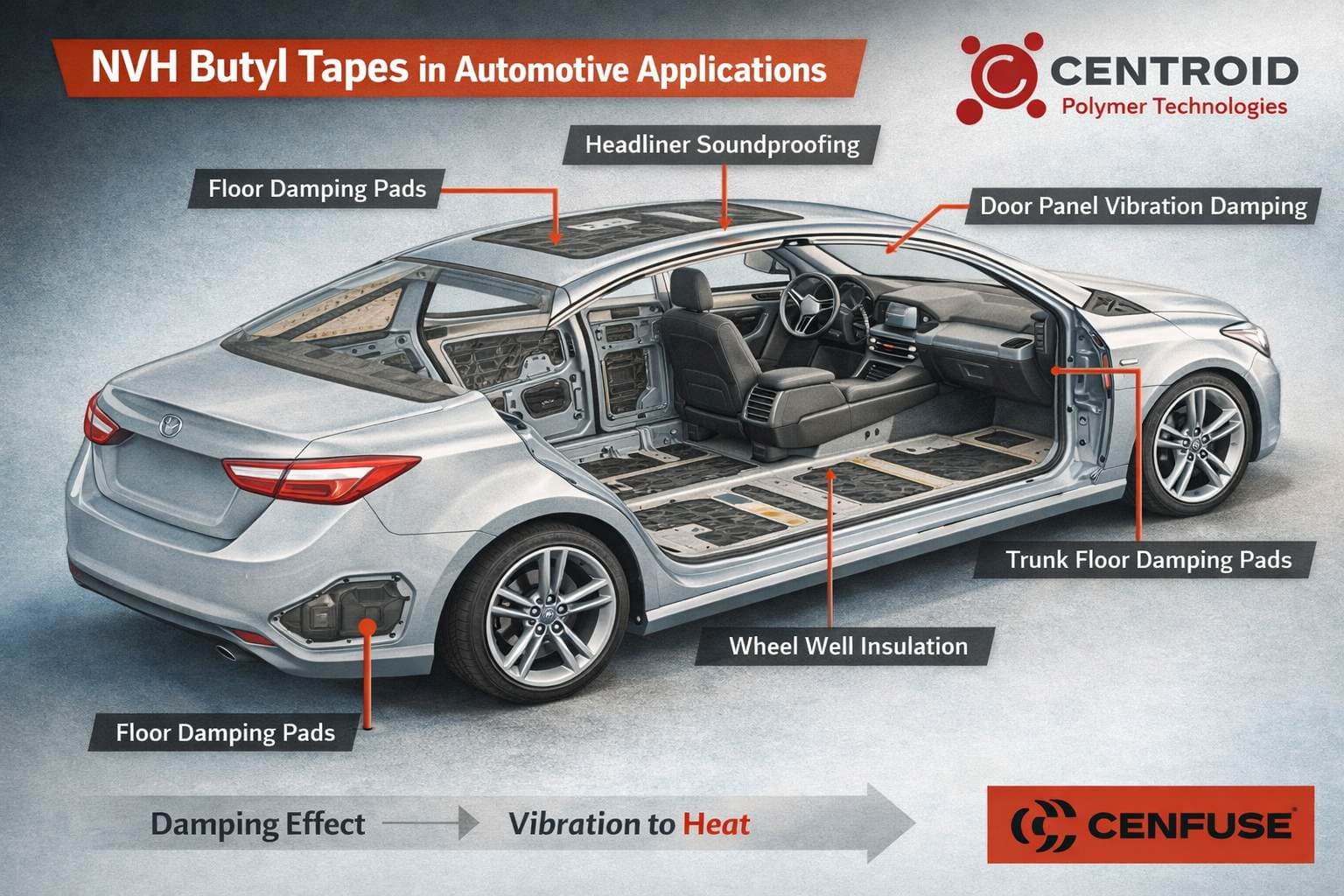 How CENFUSE Butyl Tapes plays a role in Noise Cancellation, Vibration Dampening and Harshness Reduction (NVH) with its Viscoelasticity?